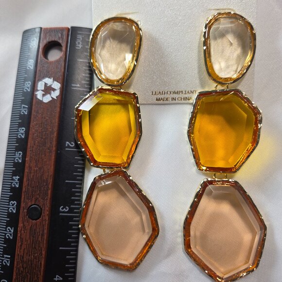 NWT Natasha Yellow & Amber Gem Stone Gold Statement Drop Dangle Earrings - Picture 2 of 3